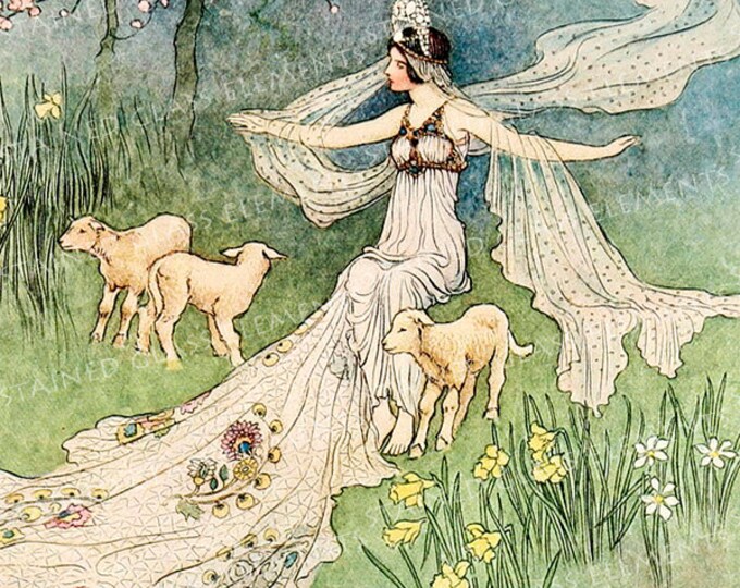 Warwick Goble ceramic decal, 10 x 10cm (3.94 x 3.94 inch), firing temperature 760-850 ºC (1400-1562 ºF), spring maiden ceramic decal, lamb