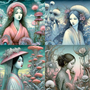 Puede incluir: Obra de arte de cuatro paneles que presenta retratos estilizados de mujeres en un paisaje de fantasía. La paleta de colores incluye tonos rosas, azules y verdes. Las mujeres están adornadas con elaborados tocados y rodeadas de flora en forma de hongo.