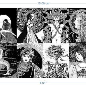 Puede incluir: Un collage en blanco y negro de nueve imágenes que representan diversas figuras y símbolos. Las imágenes incluyen un esqueleto, una sirena, una mujer con una corona, una mujer con cuernos y una mujer con un halo. El collage mide 15 cm de ancho y 10 cm de alto.