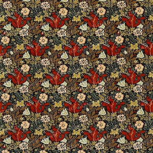 May include: A seamless pattern featuring a repeating design of stylised flowers and leaves in shades of red, orange, yellow, green, and white on a black background.