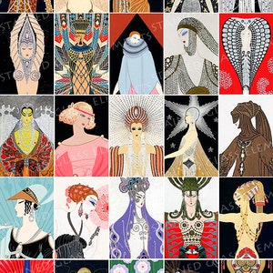 Pode incluir: Uma colagem de 20 ilustrações vintage com mulheres em vários estilos e poses. As ilustrações são de estilo Art Déco e apresentam padrões geométricos, cores brilhantes e linhas ousadas. As mulheres usam chapéus, joias e roupas elaboradas. As ilustrações estão sobre um fundo preto.