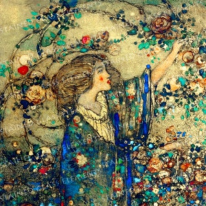 Könnte beinhalten: Eine Frau in einem blauen und weißen Gewand greift nach einer Rose in einem Garten. Der Hintergrund ist ein goldenes und grünes abstraktes Design mit Blumen und Blättern.