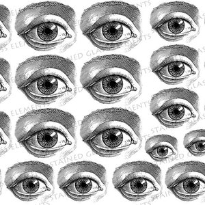 以下が含まれることがあります： 白黒のヴィンテージスタイルの目のイラストのコレクション。詳細な図面は、虹彩、瞳孔、まぶたを示しており、解剖学的精度に重点を置いています。画像は、さまざまなサイズの目の繰り返しパターンを示しています。