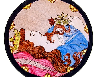 Sleeping beauty stained glass, kilnfired glass, glass painting, classic stained glass, sleeping beauty suncatcher, fairy tale stained glass