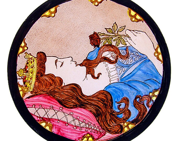 Sleeping beauty stained glass, kilnfired glass, glass painting, classic stained glass, sleeping beauty suncatcher, fairy tale stained glass