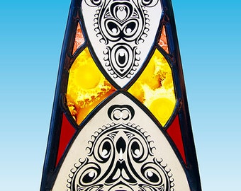 Amsterdamse School stained glass, Art deco suncatcher, Amsterdam School, art nouveau suncatcher, art deco motifs, silver stain, unica, gift