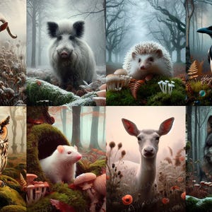 May include: A collection of digital art prints featuring various forest animals. The images include a goat, boar, hedgehog, bird, owl, mouse, deer, and wolf, all set in a misty forest environment with muted colors and detailed textures.