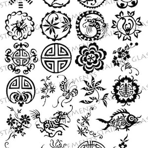 May include: A set of 16 black and white Chinese-inspired design elements. The designs include flowers, butterflies, fish, birds, and geometric patterns.