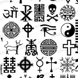 Può includere: Illustrazioni in bianco e nero di vari simboli religiosi e culturali, tra cui una croce, una stella di David, una luna crescente, un ankh, un occhio di Horus, un simbolo yin yang e un nodo celtico.