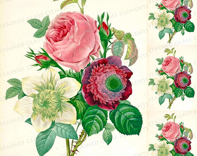 Rose ceramic decals Anemone fusible transfers for decoration of ceramics glassfusing glass tiles and enameling botanical vintage flowers