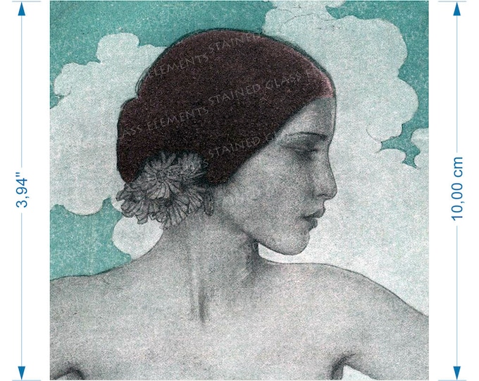 Art deco ceramic decal portrait of beautiful young lady in moonlight fusible transfers for ceramics glass fusing tiles and enameling copper