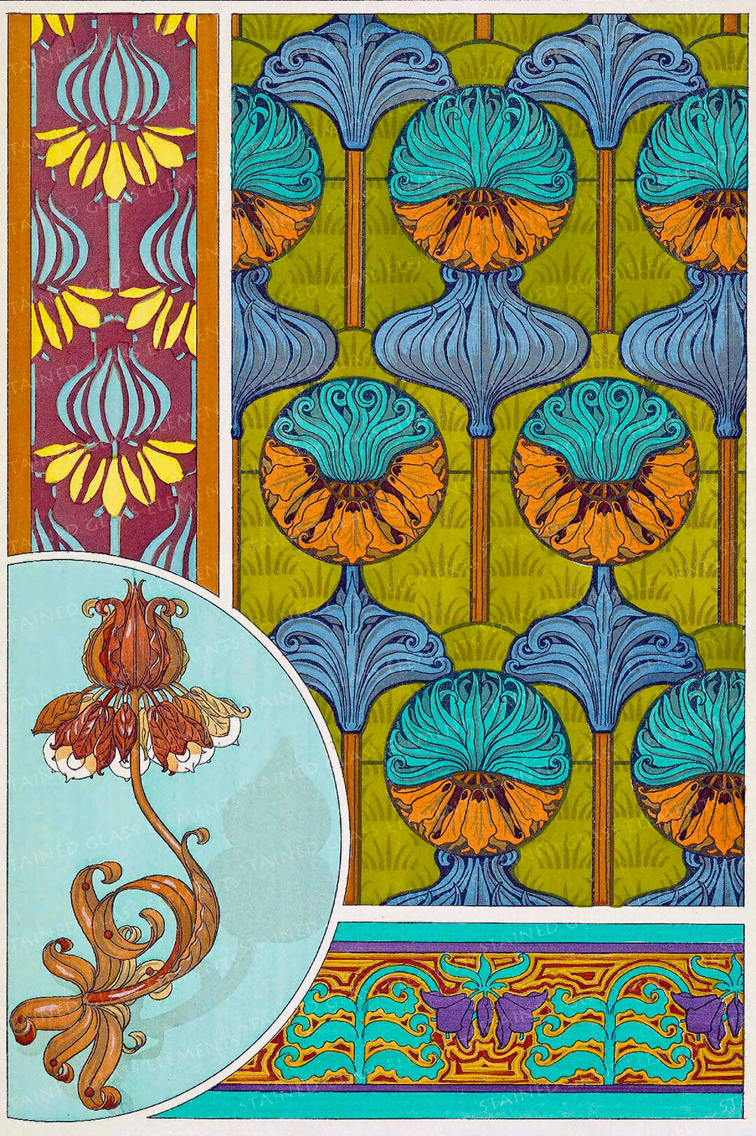 Floral Art Nouveau Motifs Ceramic Decal Fusible Transfers for