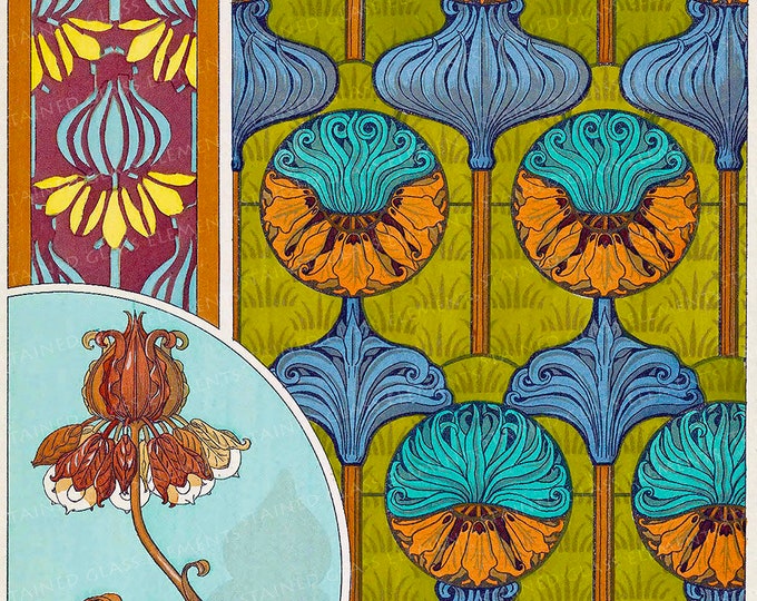 Floral Art Nouveau motifs Ceramic decal fusible transfers for decoration of ceramics glassfusing glass tiles and enameling botanical vintage