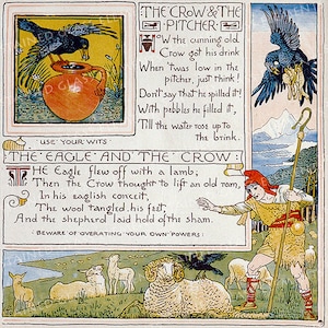Op de afbeelding: Een illustratie van twee fabels, "De Raaf en de Kruik" en "De Arend en de Raaf". De eerste fabel toont een raaf die stenen in een kruik laat vallen om het waterniveau te verhogen. De tweede fabel toont een arend die met een lam wegvliegt, terwijl een raaf probeert een ram te tillen, maar verstrikt raakt in de wol. De tekst van de fabels is in de afbeelding opgenomen.