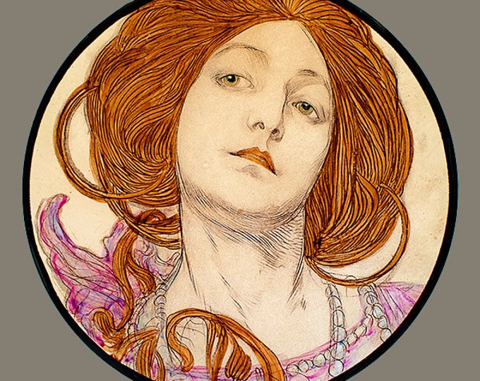 Mucha, girl with red hair, Mucha kilnfired stained glass, Mucha suncatcher, Mucha young girl, Mucha, Mucha vitrail, Mucha ginger, red hair