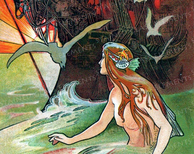 Mermaid ceramic decal, waterslide transfers, fantasy decals, decals for glass, decals for ceramics, decals for enamelling, fairytale decals