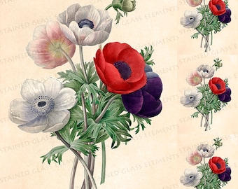 Anemone ceramic decals Anemones fusible transfers for decoration of ceramics glassfusing glass tiles and enameling botanical vintage flowers