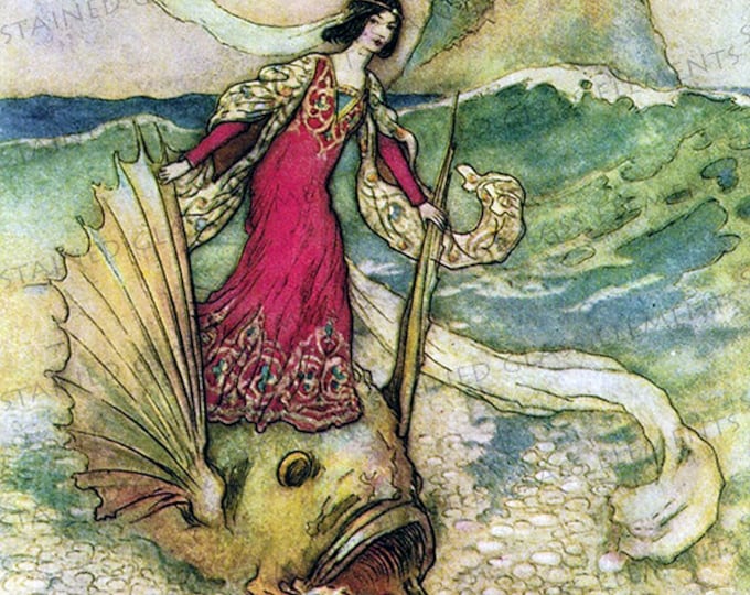 Warwick Goble ceramic decal, fairytale decal, girl, fish decal, beauty, 3.94x3.94 inch, 10x10cm, firing temperature 1400-1562 ºF, 760-850 ºC