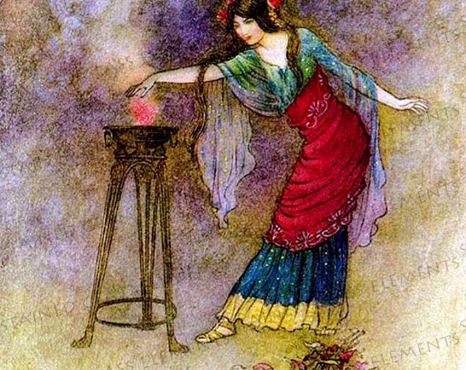 Warwick Goble ceramic decal, sorceress, Circe, fairytale decal, 3.94x3.94 inch, 10x10cm, firing temperature 1400-1562 ºF, 760-850 ºC, myths