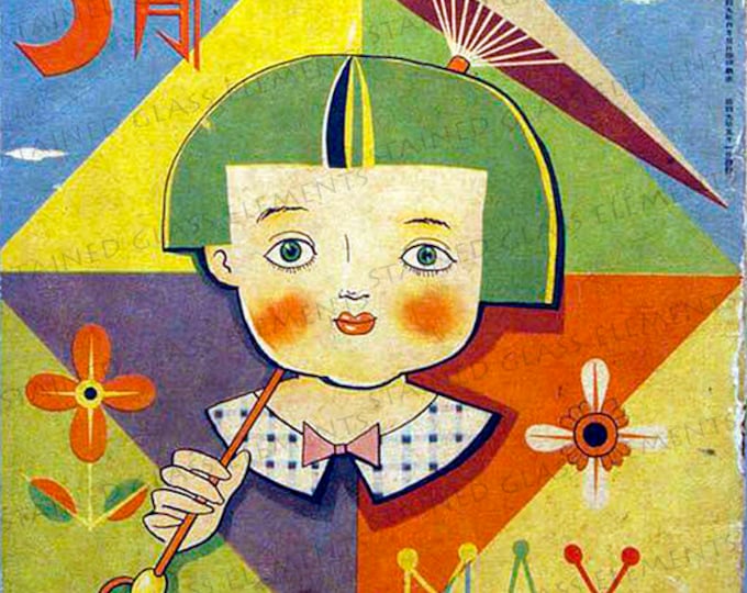 Ceramic decal children, old illustration, size 3.94 x 3.94 inch, firing temperature 1400-1562 ºF, ceramic transfer, japanese illustration