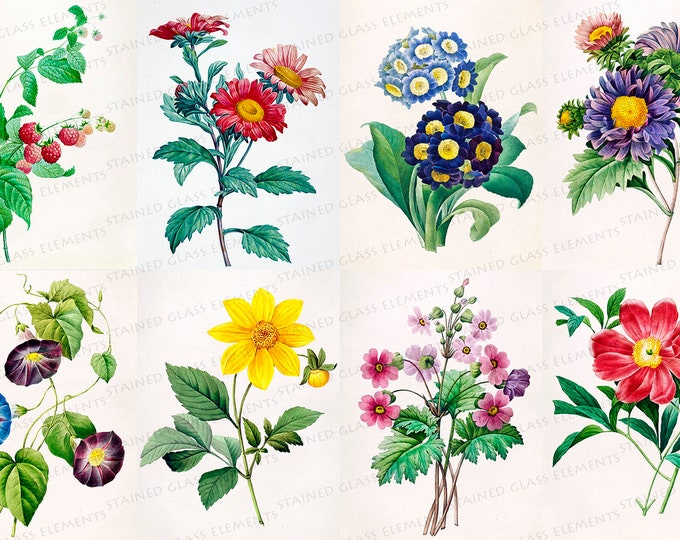 Flowers ceramic decals Floral motifs fusible transfers for decoration of ceramics glassfusing glass tiles and enameling botanical vintage