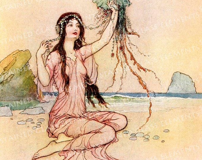 Warwick Goble ceramic decal, 10 x 10cm (3.94 x 3.94 inch), firing temperature 760-850 ºC (1400-1562 ºF), girl with jellyfish ceramic decal