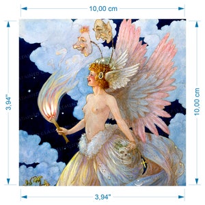 May include: A painting of a woman with wings, holding a torch. She is wearing a white dress with a fur trim and has a crown of leaves on her head. The background is a blue sky with clouds.