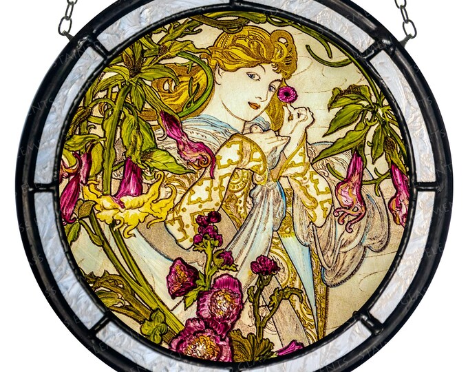 Mucha stained glass - medallion - kiln-fired glass art - Datura suncatcher - Art Nouveau decoration - gift - jugendstil - vitráž - vitrail