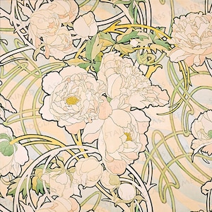 May include: A vintage art nouveau style floral pattern featuring white peonies with yellow centres and green leaves on a light blue and peach background. The pattern is repeated throughout the image.