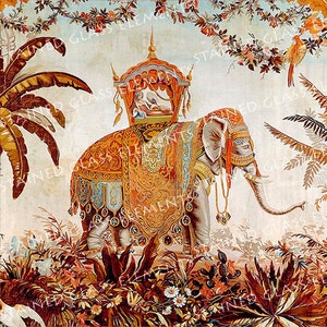 May include: A detailed tapestry depicting an ornate elephant carrying a palanquin, surrounded by lush foliage and flowers. The elephant is adorned with intricate gold and blue patterns, and the palanquin is topped with a red canopy.