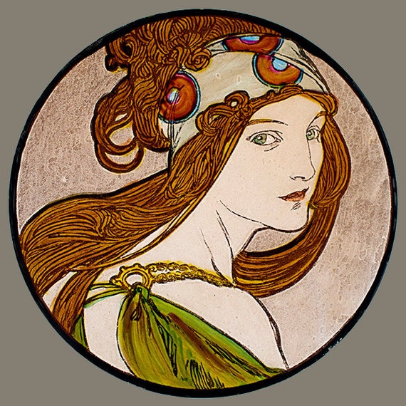 Mucha, Girl With Red Hair, Mucha Kilnfired Stained Glass, Mucha