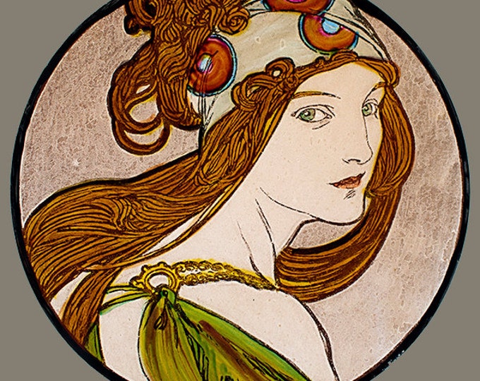 Mucha, girl with red hair, Mucha kilnfired stained glass, Mucha suncatcher, Mucha young girl, Mucha, Mucha vitrail, Mucha ginger, red hair