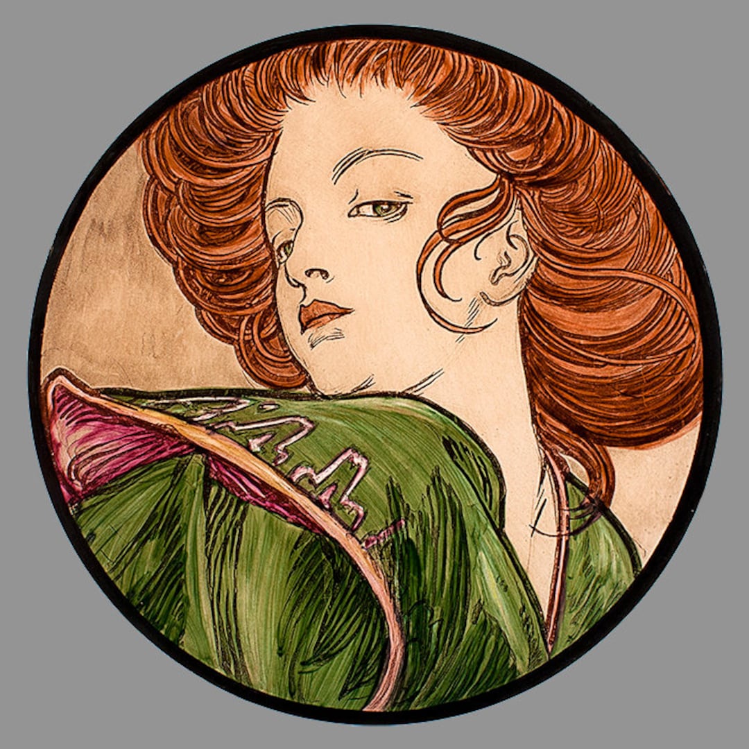 エッチング ガラス彫刻ヴィンテージアート工芸品額入りミュシャ