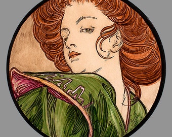 Mucha, girl with red hair, Mucha kilnfired stained glass, Mucha suncatcher, Mucha girl, Mucha, Mucha vitrail, Mucha ginger, red hair, red