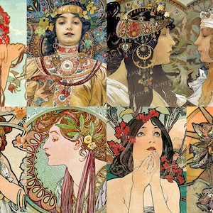 Op de afbeelding: Een collage van zes vintage Art Nouveau-illustraties met vrouwen met uitgebreide kapsels en bloemenhoofdtooien. De vrouwen worden afgebeeld in verschillende poses, sommige met hun handen in elkaar gevouwen, andere met hun hoofd schuin. De illustraties zijn gemaakt in een stijl die zowel elegant als grillig is, met de nadruk op ingewikkelde details en vloeiende lijnen.