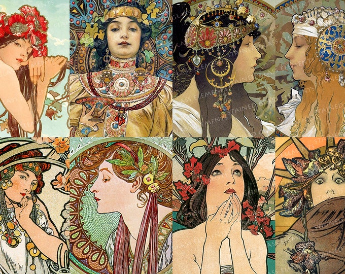Mucha ceramic decals art nouveau fusible transfers for decoration of ceramics glassfusing glass tiles and enameling jugendstil women girls