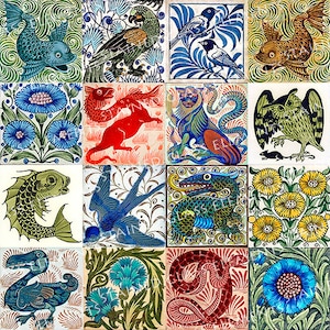 Peut inclure: Une collection de 16 carreaux de céramique colorés présentant divers motifs d'animaux et de fleurs. Les carreaux sont disposés en grille et chaque carreau a un motif unique. Les motifs comprennent un poisson, un oiseau, un dragon, une fleur et un serpent.