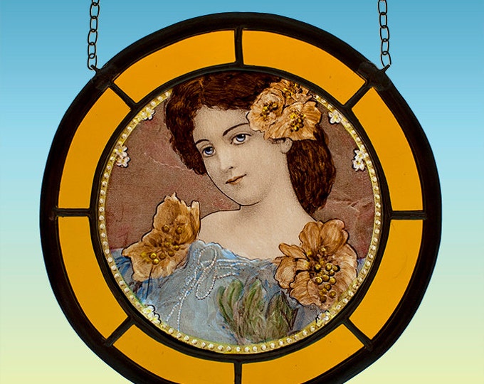 Victorian girl stained glass suncatcher, suncatcher, victorian suncatcher, vintage stained glass, stained glass, victorian, girl, flowers