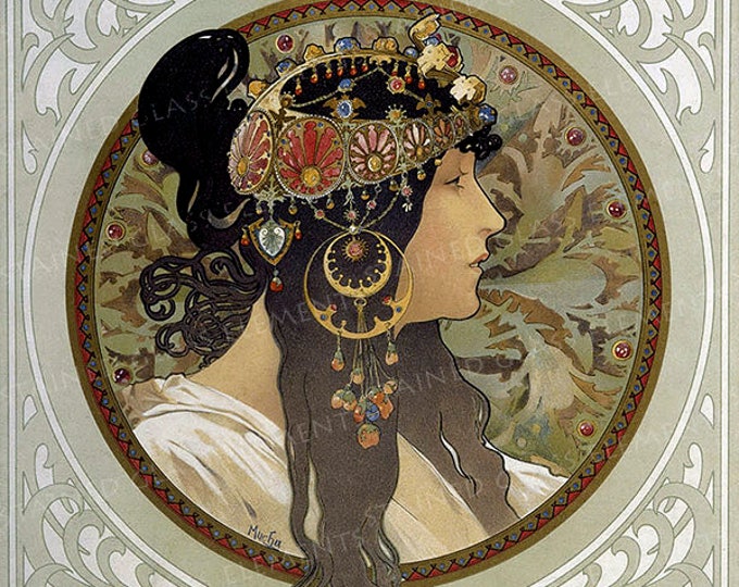 Mucha ceramic decals, Alphonse Mucha, art nouveau ceramic decals, image transfers, Mucha, Byzantine Brunette, decals glass, decals ceramics