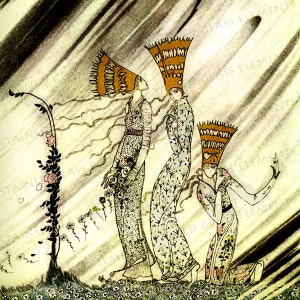 May include: Three women in long, flowing gowns with intricate floral patterns. They wear elaborate headdresses with gold accents. The women are standing in a field of flowers, with a single rose bush in the background.