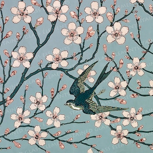 May include: A blue and green bird flies through a field of white and pink flowers with green stems against a light blue background.