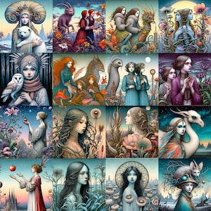 Könnte beinhalten: Eine Sammlung digitaler Kunstdrucke mit ätherischen Frauen mit Tieren und fantastischen Elementen. Die Kunstwerke zeigen eine sanfte Farbpalette mit detaillierten Illustrationen von Natur, Kreaturen und Figuren in einem traumhaften Stil. Geeignet für Wanddekoration.