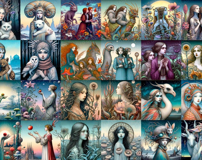 Fantasy Portraits Ceramic Decal Sheet – 24 Fusible Transfers for Pottery, Mysterious Animal Decals, Jewelry decals, Decoration for Ceramics