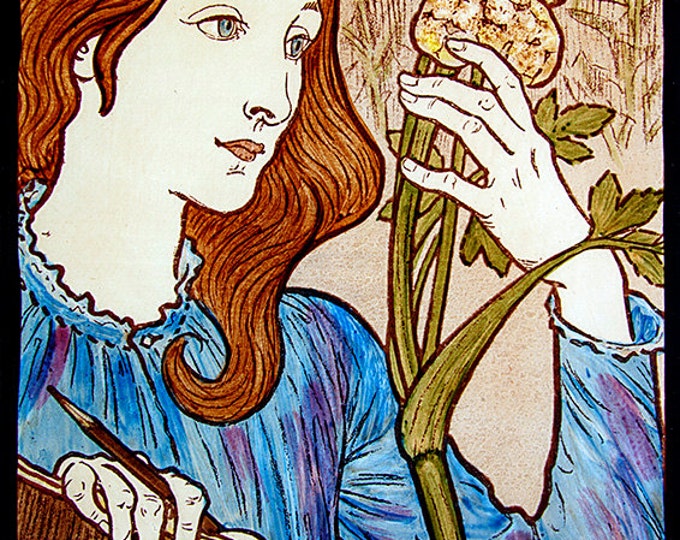 Girl with Hogweed stained glass , kilnfired, art nouveau stained glass, hogweed suncatcher, vitrail, classic stained glass, Eugène Grasset