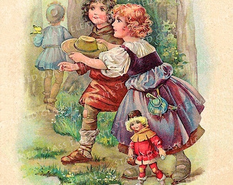 May include: Three children, two girls and a boy, are playing in a forest setting. The girl in the center is wearing a purple dress with a blue and white satchel. The boy is wearing a brown shirt and pants and holding a straw hat. The other girl is wearing a red dress and holding a small basket. The children are surrounded by green trees and bushes.