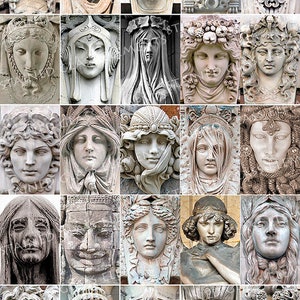 May include: A collage of 25 images of stone sculptures of faces. The sculptures are all in a similar style, with a focus on the face and head. The sculptures are all in shades of grey and white.