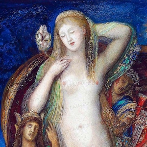 Könnte beinhalten: Ein Gemälde einer nackten Frau mit langen blonden Haaren, sie hält eine Blume in der Hand. Die Frau ist von anderen Figuren umgeben, darunter eine Frau mit dunklen Haaren und einem blauen und goldenen Kleid.