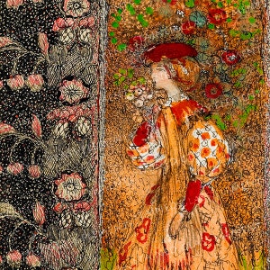 May include: A watercolour painting of a woman wearing a red hat and a yellow dress with a white and red pattern. The woman is standing in a garden with flowers and leaves.