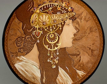 Mucha, Mucha Byzantine Brunette, Mucha kilnfired glass medallion, Mucha stained glass, Mucha suncatcher, Mucha glass fragment, Mucha vitrail