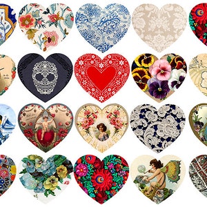 Może przedstawiać: Kolekcja 18 vintage obrazów w kształcie serca z różnymi wzorami. Obrazy przedstawiają wzory kwiatowe, koronkę, czaszkę, kota, cherubina i panoramę miasta. Serca są w odcieniach czerwieni, błękitu, zieleni, bieli i czerni.